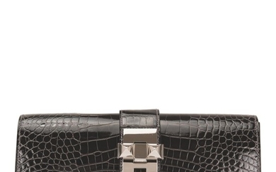 Hermès Medor 23cm of Graphite Shiny Mississippiensis Alligator with Palladium Hardware