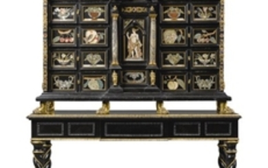 An Italian gilt-bronze mounted ebony and ebonised pietre dure and mother-of-pearl inlaid cabinet on stand the cabinet part 18th century, the panels circa 1700, the stand late 19th century