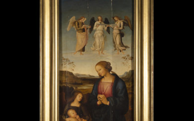 Lombard School, First Half of the 19th Century, after Perugino Virgin in Adoration before the Christ Child with Angels Oil...