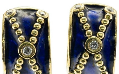Natural Diamond Royal Blue Enamel Earrings 18K Gold