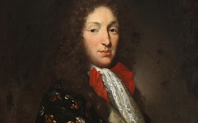 Painter unknown, c. 1700: Portrait of a nobleman in allonge wig, wearing a black brocade jacket, red bow and white cravat. Unsigned. Oil on canvas. 78×64 cm.