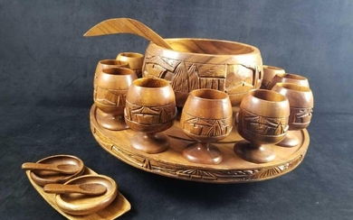 Philippines Hand Carved Wooden Punch Bowl 20 Piece Set