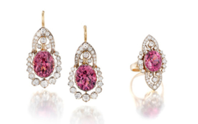 A pair of pink spinel and diamond pendant earrings and ring suite