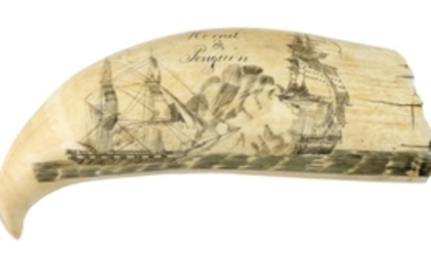 POLYCHROME SCRIMSHAW WHALE'S TOOTH DEPICTING NAVAL ENGAGEMENTS One side depicts the battle between the "Shannon" and the "Chesapeake..