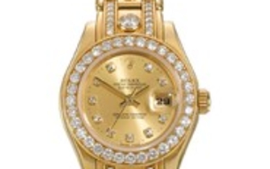 ROLEX | A LADY'S YELLOW GOLD DIAMOND-SET AUTOMATIC CENTRE SECONDS WRISTWATCH WITH DATE AND BRACELET REF 69298 CASE W772484 DATEJUST CIRCA 1995