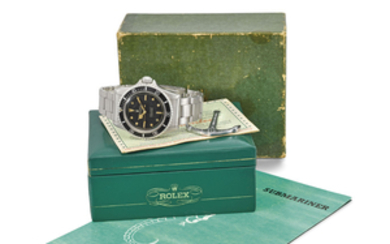 ROLEX. A RARE AND EARLY STAINLESS STEEL AUTOMATIC WRISTWATCH WITH SWEEP CENTRE SECONDS, BLACK LACQUER DIAL, POINTED CROWN GUARDS, BRACELET, ROLEX OYSTER GUARANTEED 200M/600FT UNDER WATER ANCHOR, BLANK GUARANTEE, BROCHURE AND BOX, SIGNED ROLEX, OYSTER...