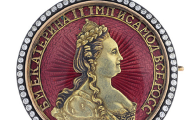 A Russian pre-Revolutionary gold, enamel coin brooch, depicting Catherine the Great.