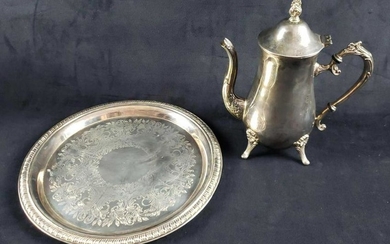 Set of Silver Plated Tray and Footed Teapot