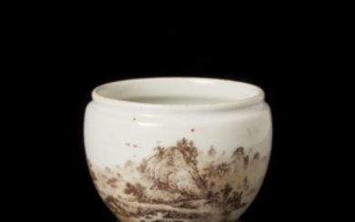 A small jar decorated in en-grisaille enamels depicting a landscape scene and calligraphy China, 20th century (d. 11 cm.)