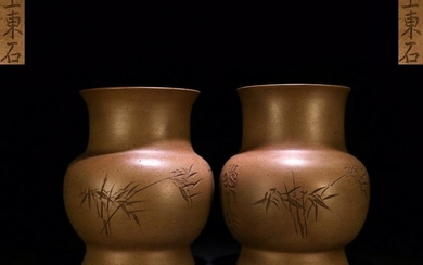 PAIR OF ZISHA VASES WITH BAMBOO CARVING&MARKING