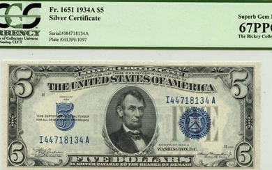 1934A $5 Silver Certificate FR#1651 PCGS Superb Gem 67 PPQ