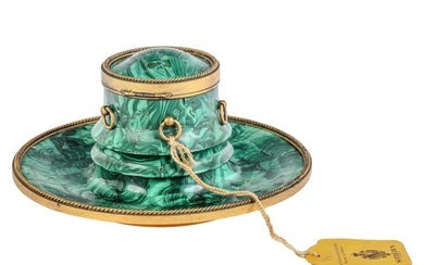 19C. Bronze and Malachite Inkwell w/ Sotheby's Tag