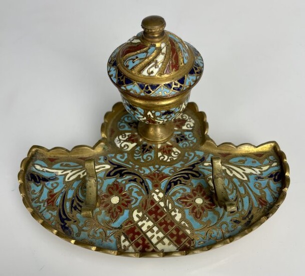 19TH C. FRENCH CHAMPLEVE ENAMEL INKWELL