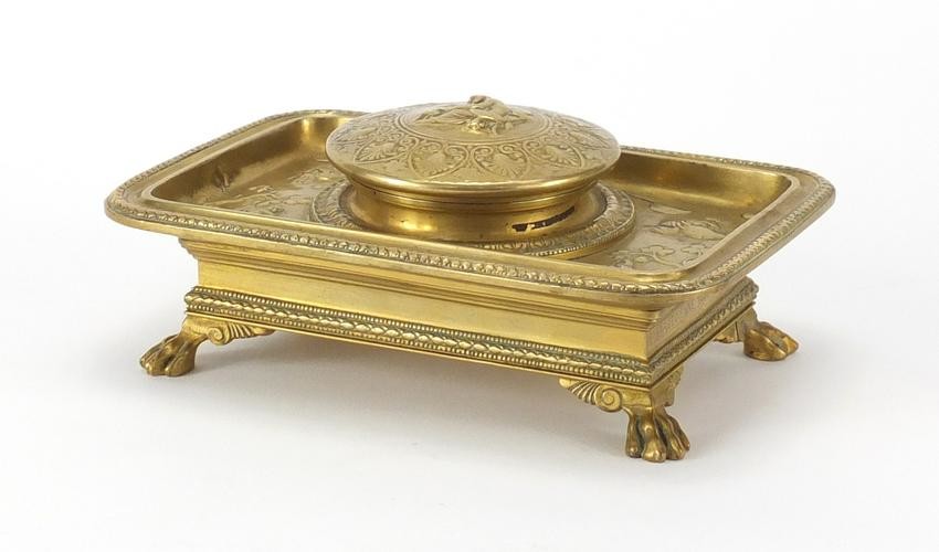 19th century French Ormolu desk inkwell with blue glass