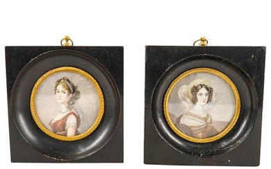 (2) Antique Painted Wood Framed Miniature Portraits