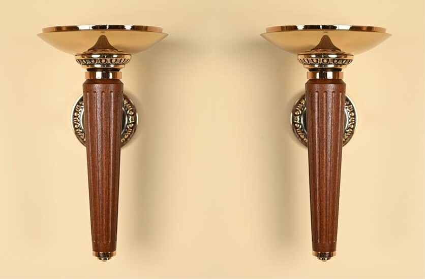 (2) CONTEMPORARY WOOD AND BRASS SCONCES