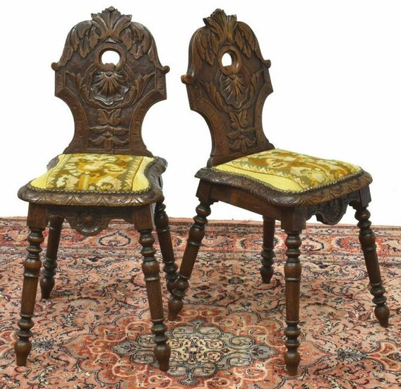 (2) FRENCH BRETON CARVED OAK HALL CHAIRS