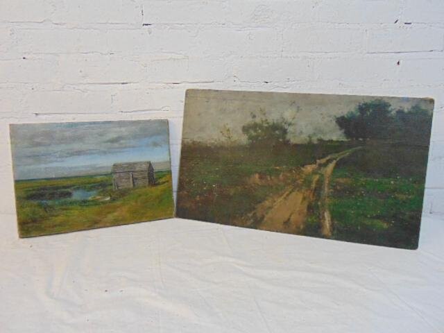 2 paintings, marsh scene & country road, small cabin