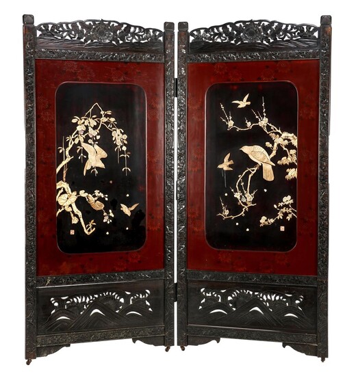 (-), 2-turn lacquered folding screen with stitching, painted...