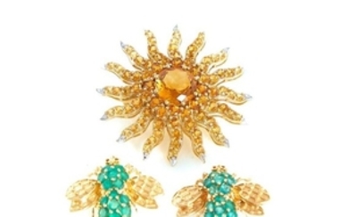 Emerald bee brooches, and citrine sunburst pendant/brooch (3pcs)