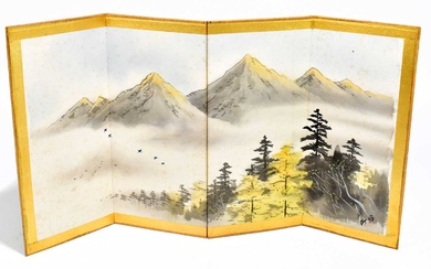 20TH CENTURY JAPANESE SCHOOL; watercolour on folded silk, a three-fold...