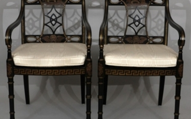 PAIR GOTHIC BLACK LACQUERED OPEN ARM CHAIRS 33 21.5 21