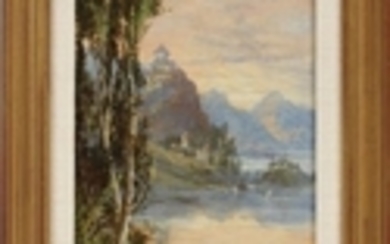 OIL ON ARTIST BOARD 18 5.5 LAKE AND MOUNTAIN LANDSCAPE