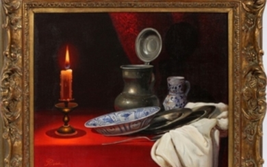 RUGE OIL ON CANVAS 19 24 STILL LIFE OF CANDLE DISHES