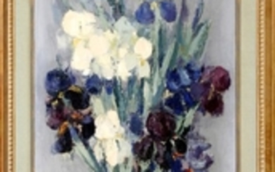 DENISE BOURDOUXHE FRENCH 1925 OIL PAINTING ON CANVAS 1959 34 17 IRIS FLOWERS IN VASE