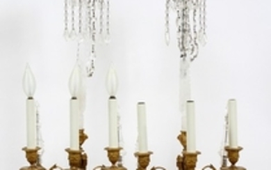 ELECTRIFIED BRONZE ORE ROCK CRYSTAL MARBLE FIVE ARM CANDELABRA PAIR 19TH C. 37 12