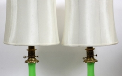 GREEN OPALINE GLASS TABLE LAMPS PAIR 32