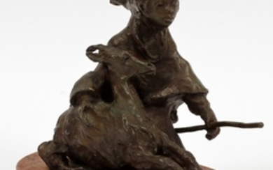 SIGNED BRONZE SCULPTURE GIRL WITH FAWN