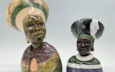 2pc Handcrafted Stone Carved African Tribal Bust