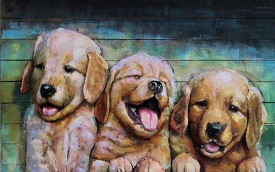 3 Golden Retriever Puppies Oil Painting on Metal Canvas