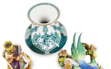(3 Pc) European Porcelain Bobblehead, Bird, And Vase