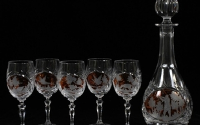 CZECH CRYSTAL WITH GILT TO CLEAR DECORATION DECANTER AND STEMWARE PCS. 13 DECANTER STEMWARE