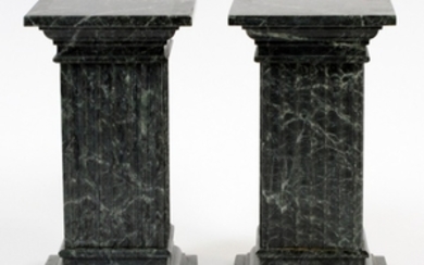 PAIR OF MINIATURE GREEN MARBLE FLUTED PEDESTALS 2 6.5 DIA 3.5