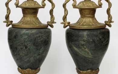 FRENCH MARBLE BRONZE MAGNUM SIZE COVERED URNS 19TH C. PAIR 27 12