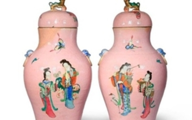 A PAIR OF CHINESE FAMILLE ROSE PINK GROUND VASES A…