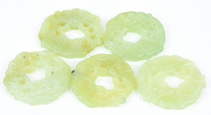 5 Chinese Carved Jade Disc Pendants