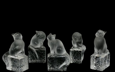 (5) Paperweights Signed Lalique France, Cats