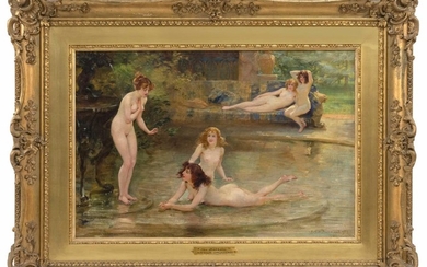 ARTHUR DRUMMOND, United Kingdom, 1871-1951, Bathing scene with nude females., Oil on canvas, 17.5" x 26". Framed 28" x 38".