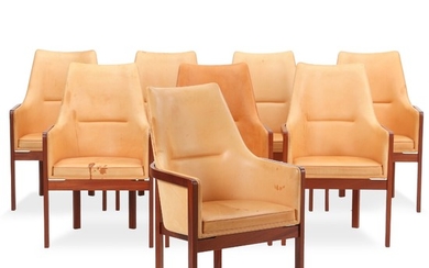 Bernt: Set of eight highback chairs with mahogany frame. Upholstered with patinated natural leather. (8)