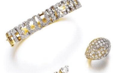 Gold and diamond bangle, a diamond ring, and a pair of diamond studs