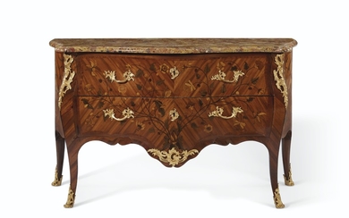 A LOUIS XV ORMOLU-MOUNTED SATINE, TULIPWOOD, AMARANTH AND MARQUETRY COMMODE, STAMPED P. MIGEON AND C. REVAULT, MID-18TH CENTURY