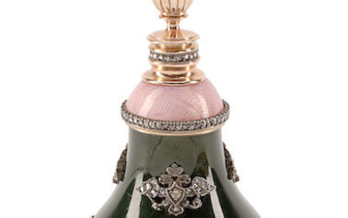 A Russian Gold, Diamond, White Tiger's Eye, Spinach Jade, and Enamel Perfume Bottle
