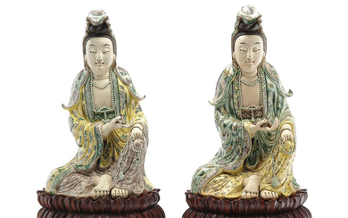 A VERY LARGE PAIR OF BISCUIT-GLAZED GUANYINS, 19TH CENTURY, POSSIBLY SAMSON