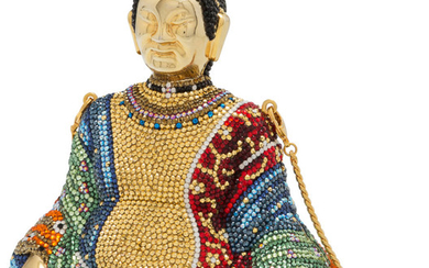 Judith Leiber Multicolor Crystal Buddha Minaudiere Condition: 1 5"...
