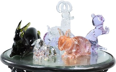 6 Assorted Art Glass Animal Figure Sculptures and a Round Mirrored Plateau Display