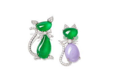 A Pair of Jadeite and Diamond Novelty Brooches